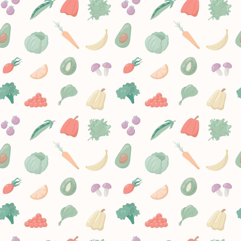 ilustración vectorial de un grupo de objetos de dibujos animados. patrón impecable, alimentos saludables con vitaminas y minerales. verduras, frutas y cereales. decoración de fondo. vector