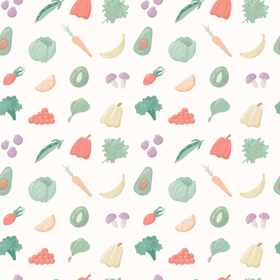Vector illustration of a group of cartoon objects. Seamless pattern, healthy food with vitamins and minerals. Vegetables, fruits and cereals. Background decoration.