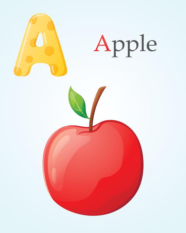 Kids banner template with alphabet letter A and apple cartoon illustration. vector