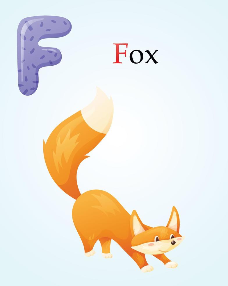 Kids banner template with english alphabet letter F and cartoon image of a sly cute fox with a fluffy tail. vector