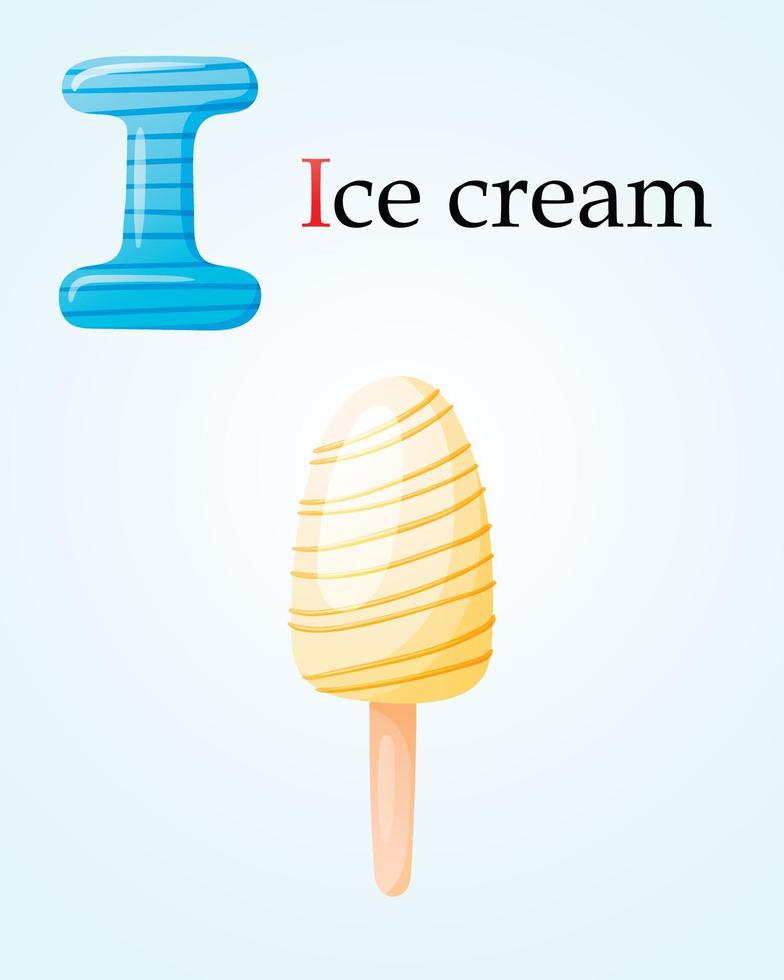 Kids banner template with english alphabet letter I and cartoon image of glazed vanilla ice cream on a stick. vector