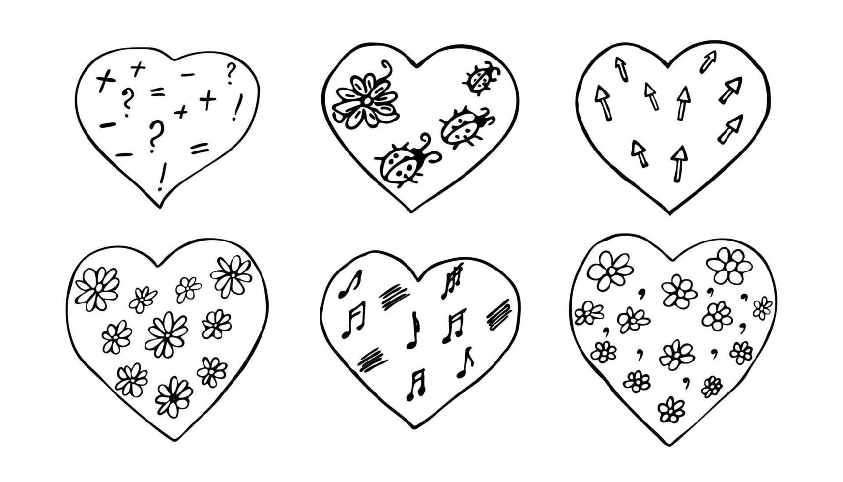 Vector doodle hearts for coloring. Hand drawn six heart shapes with flowers and decorative elements.