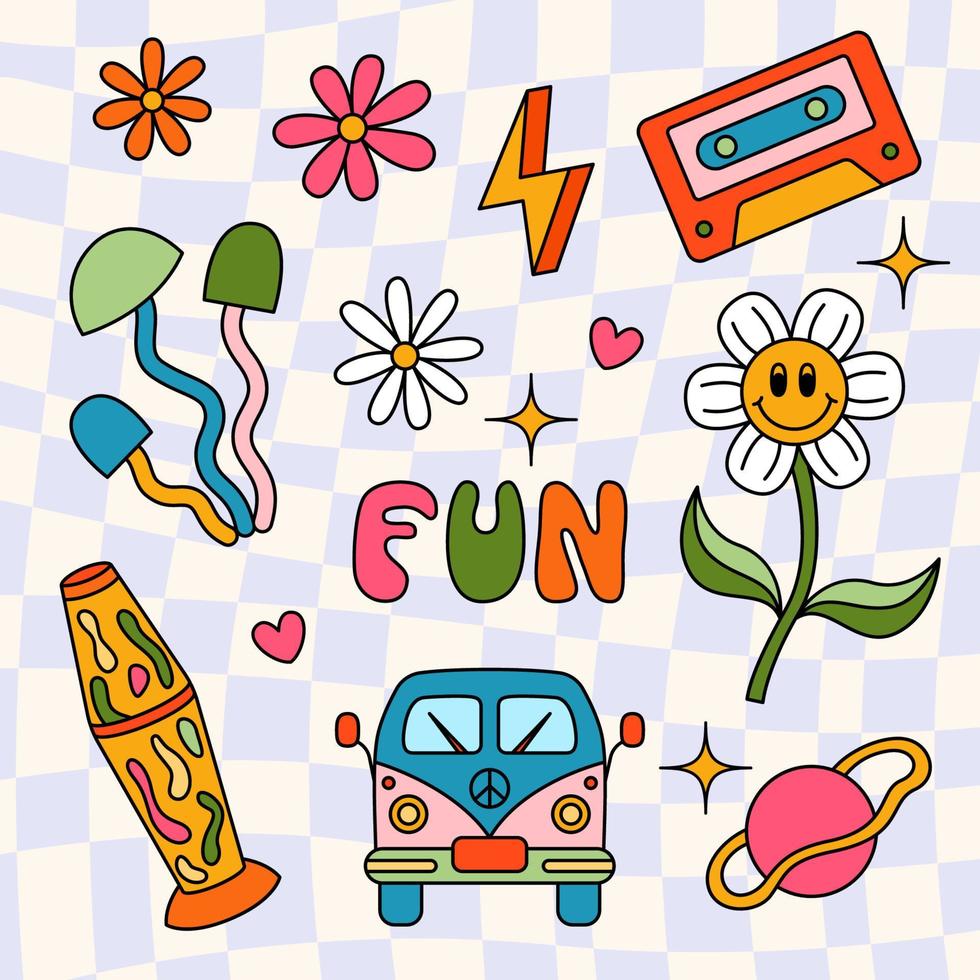 Vector retro stickers isolated on groovy background. 70s style cartoon pictures and doodle letter
