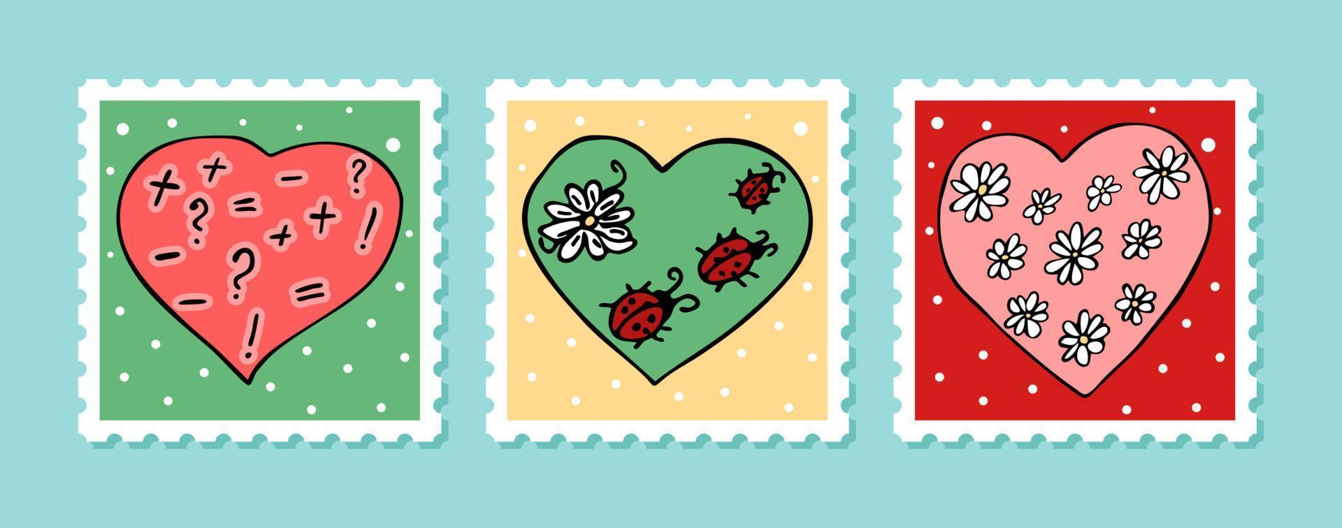 sellos de garabatos de San Valentín vectorial con marco blanco. corazones dibujados a mano con flores y símbolos en la colección de marcas postales vector