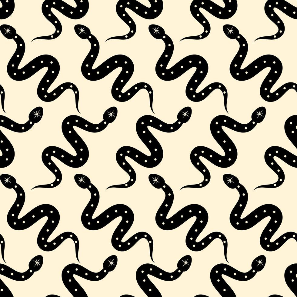 Vector seamless patterns with black snakes. Repeated glyph snakes on yellow backdrop