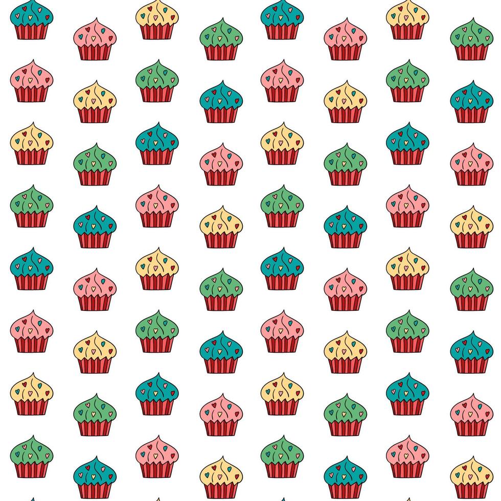 Vector doodle cupcakes seamless pattern. Hand drawn muffins with hearts on pink repeated backdrop