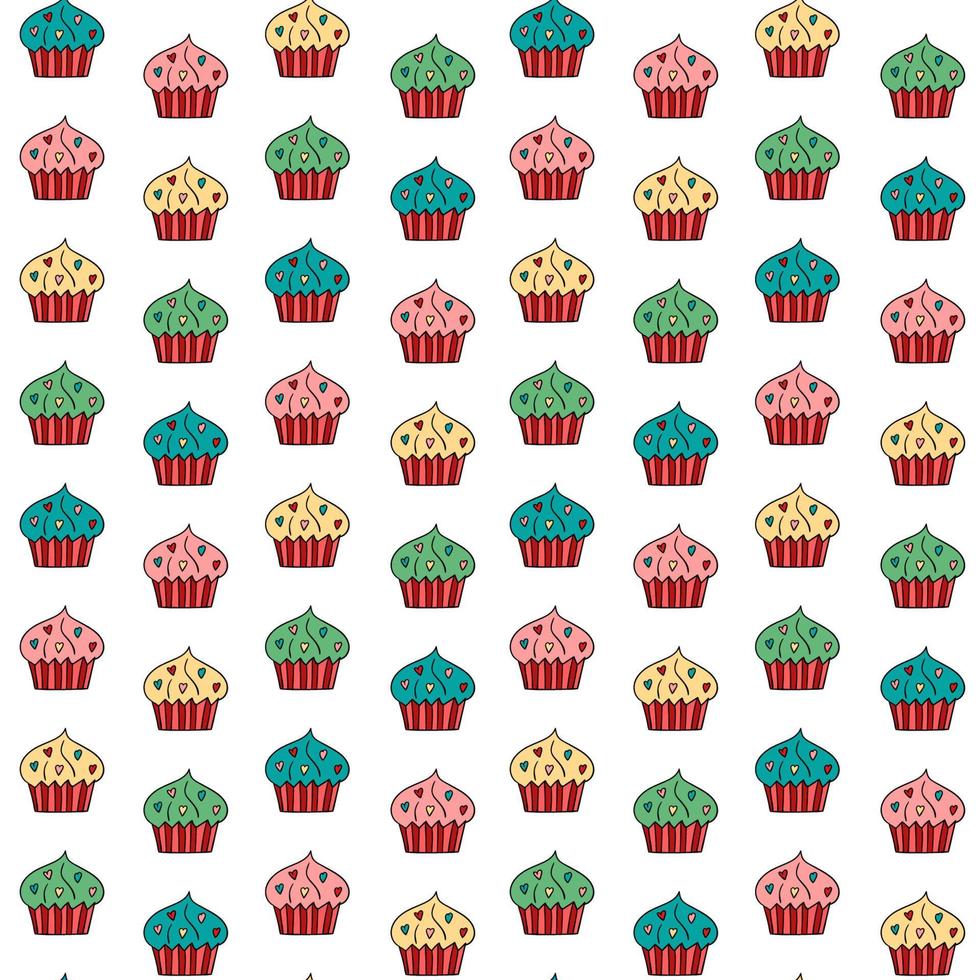 Vector doodle cupcakes seamless pattern. Hand drawn muffins with hearts on pink repeated backdrop