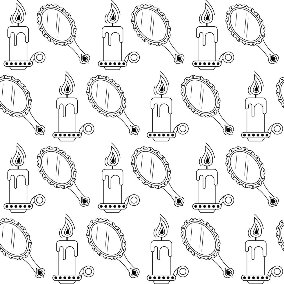 Vector seamless pattern with linear candle and handle mirror. Outline esoteric items in repeated print