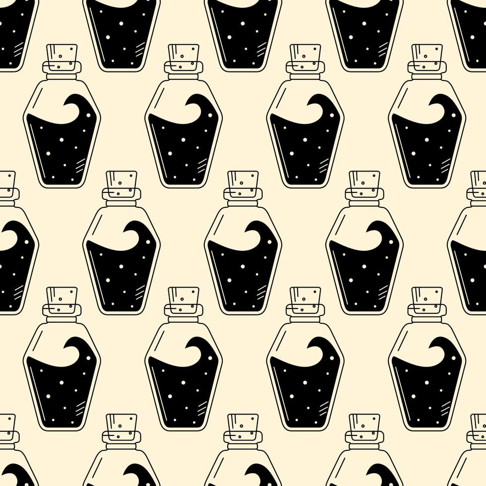 Magic potion in a jar vector seamless pattern. Glyph glass bottle with black liquid on beige backdrop