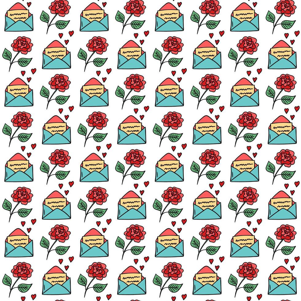Doodle rose and envelope with romantic message vector seamless pattern. Hand drawn Valentine's Day backdrop