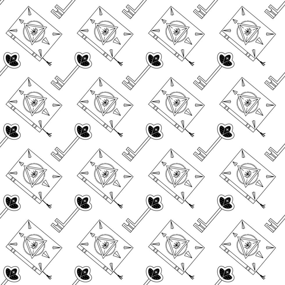 Esoteric vector seamless pattern with magic book and starry key. Repeated linear pattern in white backdrop