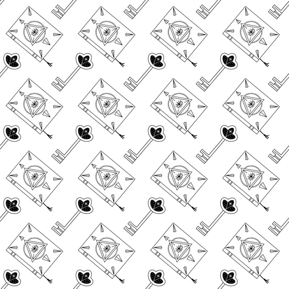 Esoteric vector seamless pattern with magic book and starry key. Repeated linear pattern in white backdrop