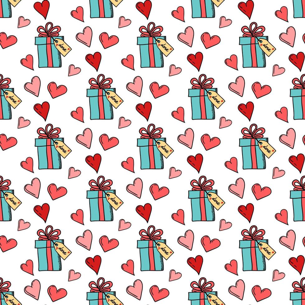 Vector seamless pattern with hearts, gift box and tag Love. Doodle Valentine's Day repeated pattern on white