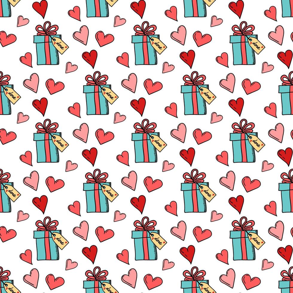 Vector seamless pattern with hearts, gift box and tag Love. Doodle Valentine's Day repeated pattern on white