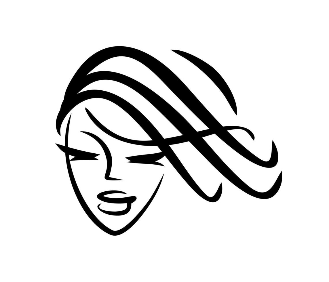 Hair cut logo. Hairstyle barbershop icon. The face of a beautiful lady. Curls woman. vector