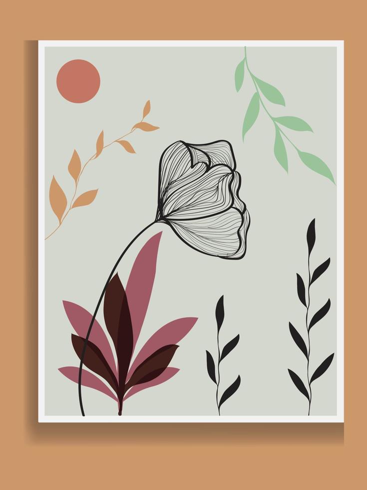 vector de arte de pared botánico. hojas de plantilla de dibujo manual y fondo de arte de línea para papel, dibujo de arte de línea de follaje con forma abstracta. diseño de arte de plantas abstractas para impresión, portada, papel tapiz, mínimo