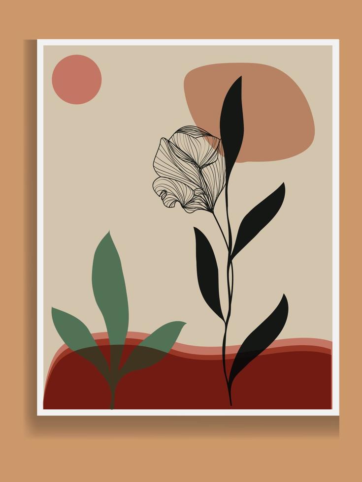 Botanical wall art vector. Hand draw template leaves and line art background for paper, Foliage line art drawing with abstract shape. Abstract Plant Art design for print, cover, wallpaper, Minimal vector