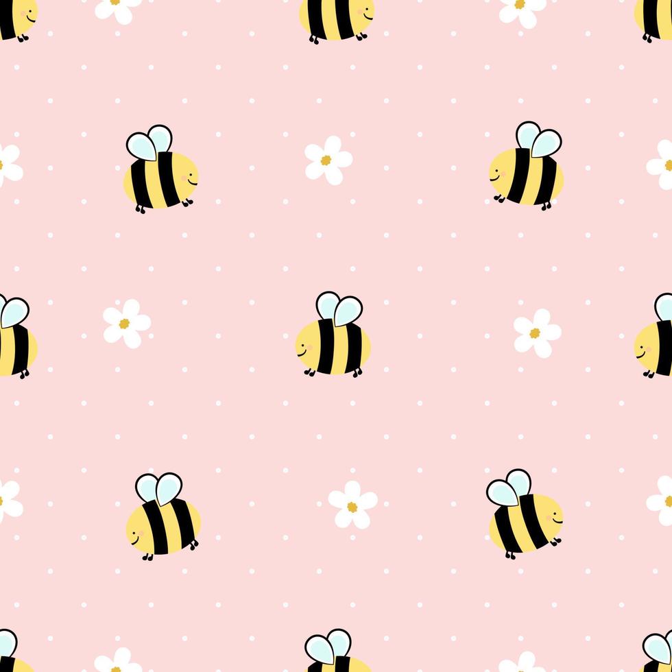 Seamless pattern with daisy flower and bee cartoons on pink background vector illustration. Cute floral print.