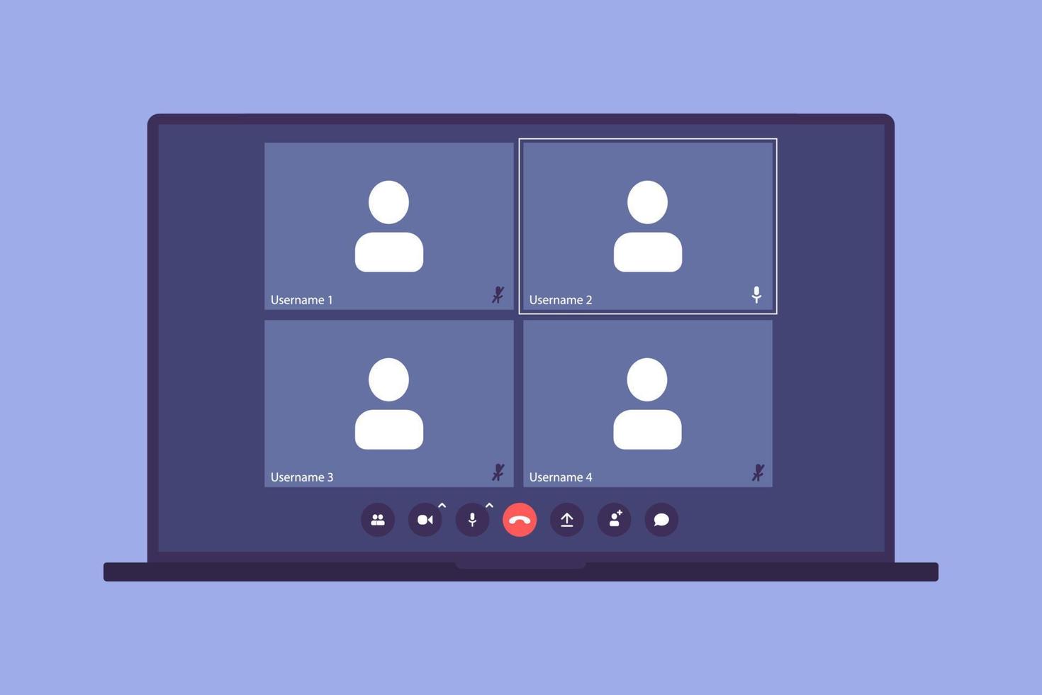 UI UX template for video conferencing and meetings application on desktop. Four users vector
