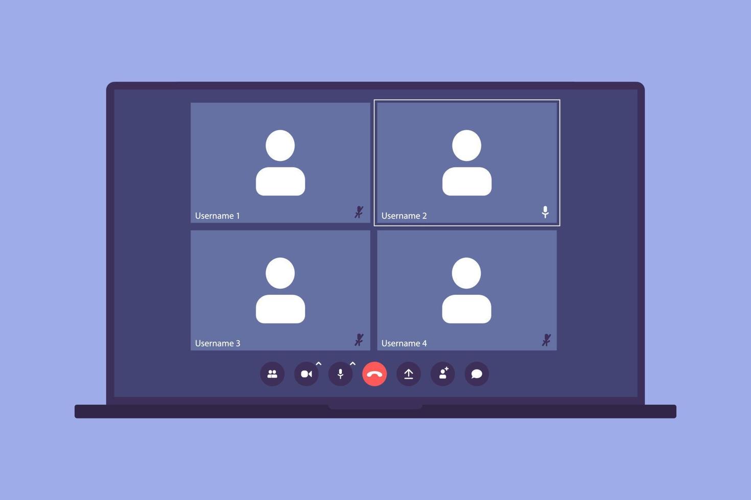 Plantilla ui ux para videoconferencias y aplicaciones de reuniones en escritorio. cuatro usuarios vector