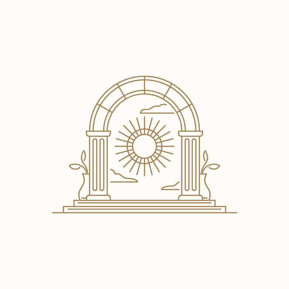 elemento de diseño del logotipo del arco boho. logotipo de la puerta del sol místico, entrada de la arquitectura del arco antiguo e icono de la escalera estilo boho estético contemporáneo vector