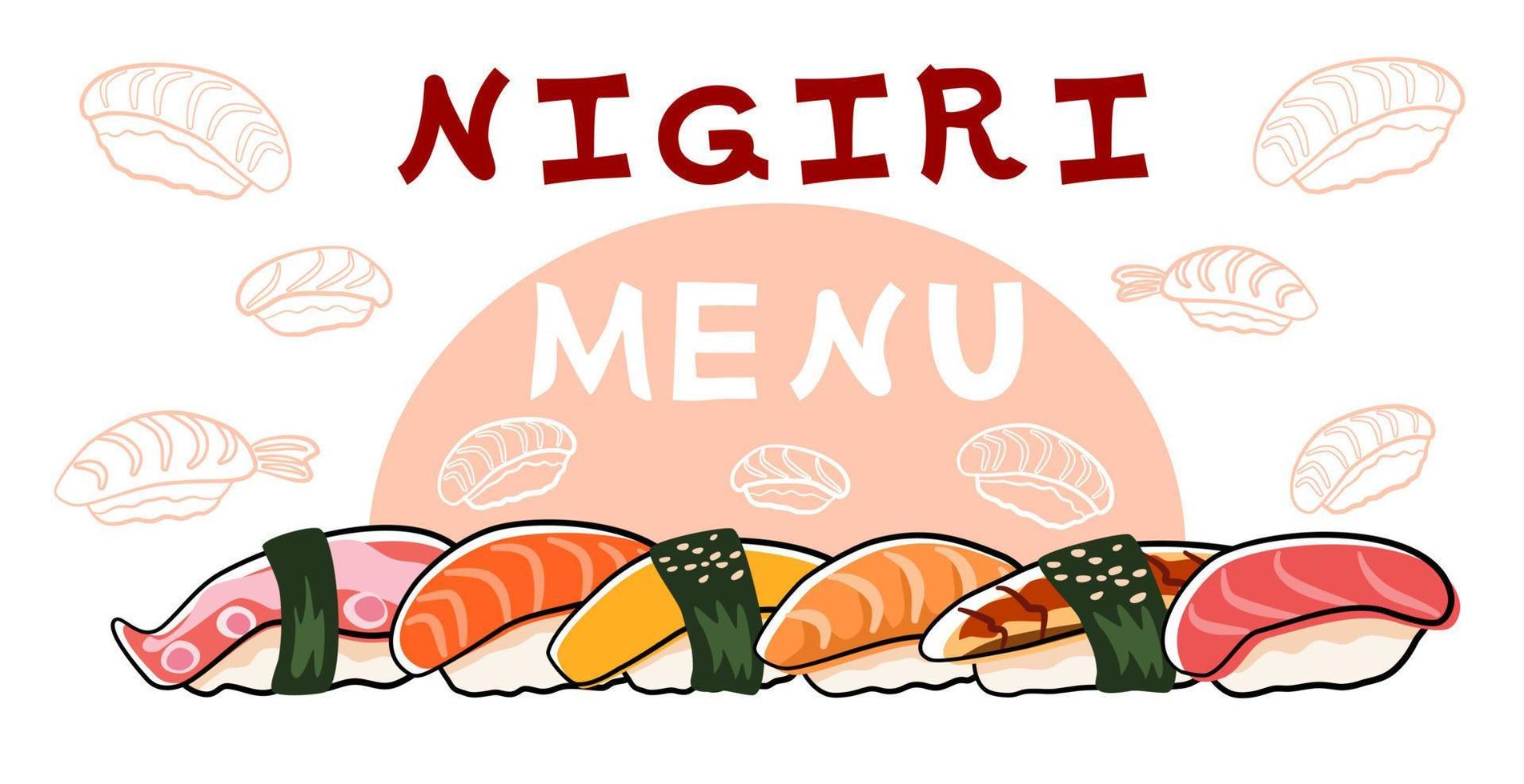 delicioso sushi nigiri set banner con fondo blanco. página de menú de comida japonesa. vector