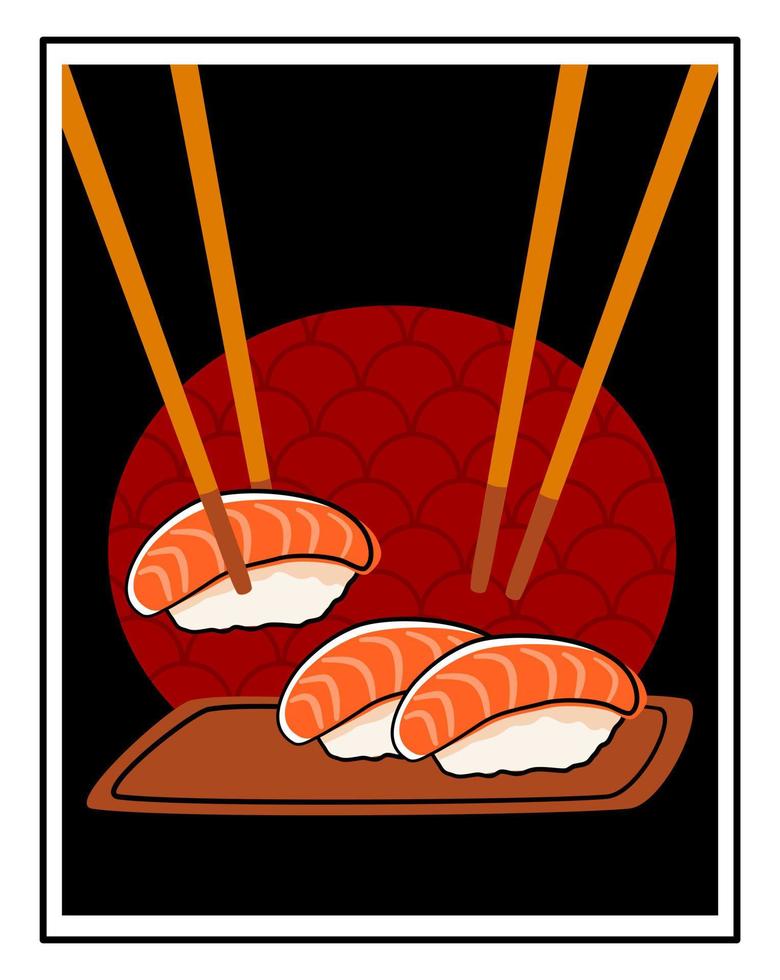 Salmon sushi set with vintage dark background and chopsticks. Japanese food concept banner. vector