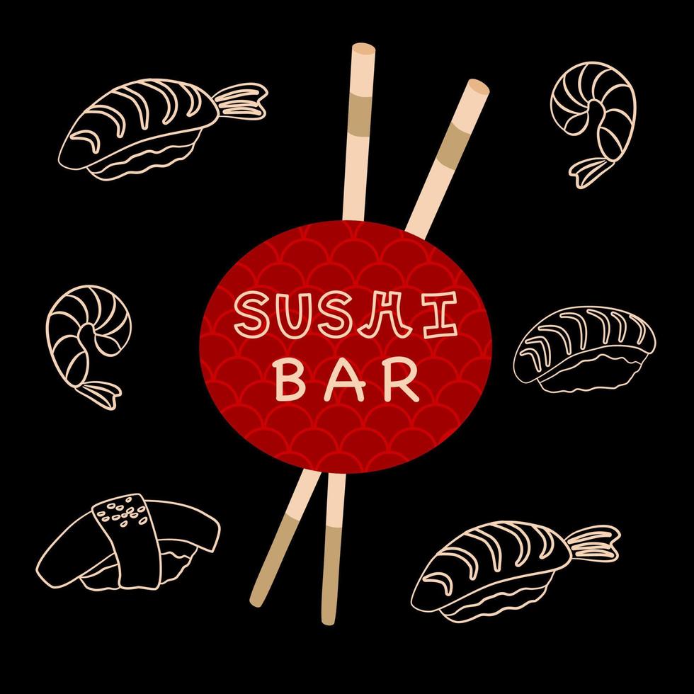 banner de barra de sushi con fondo oscuro y composición cuadrada. cartel publicitario del restaurante japonés. vector