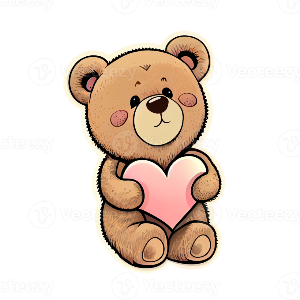 Cute Teddy bear holding heart cartoon isolated on a transparent background. Valentines day card, romantic elements. Hand-drawn illustration. png