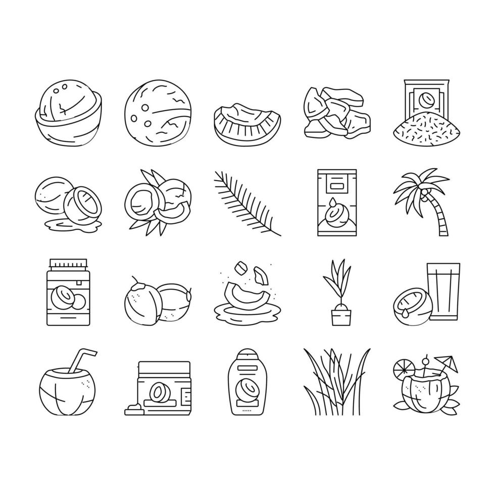 coconut coco fruit fresh white icons set vector