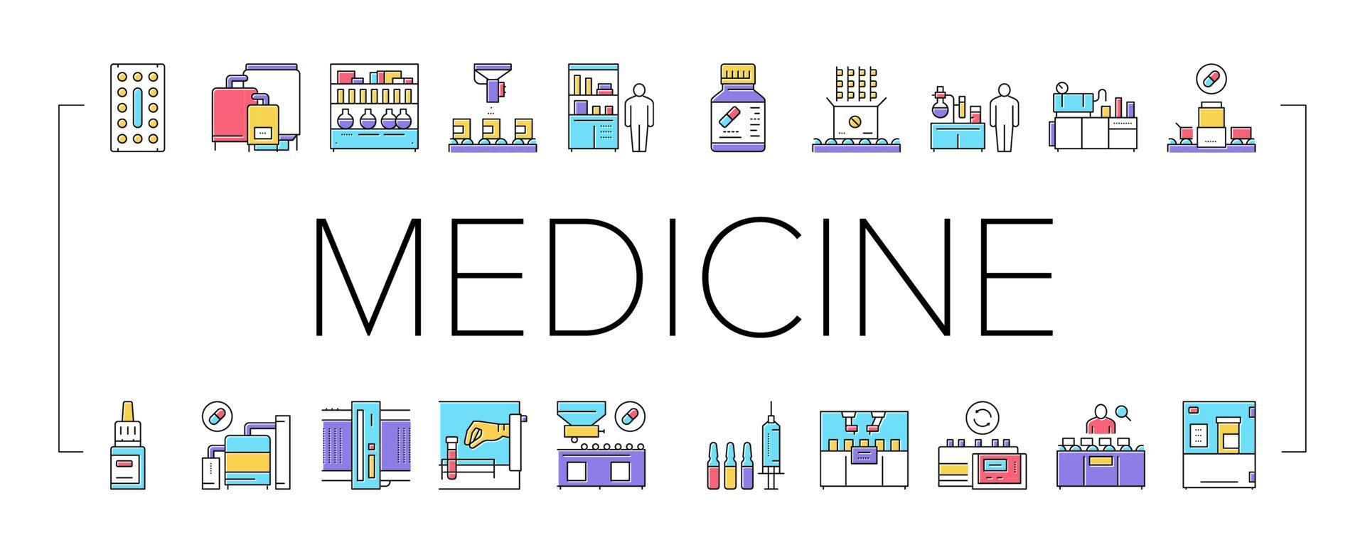 Medical Drugs Production Factory Icons Set Vector