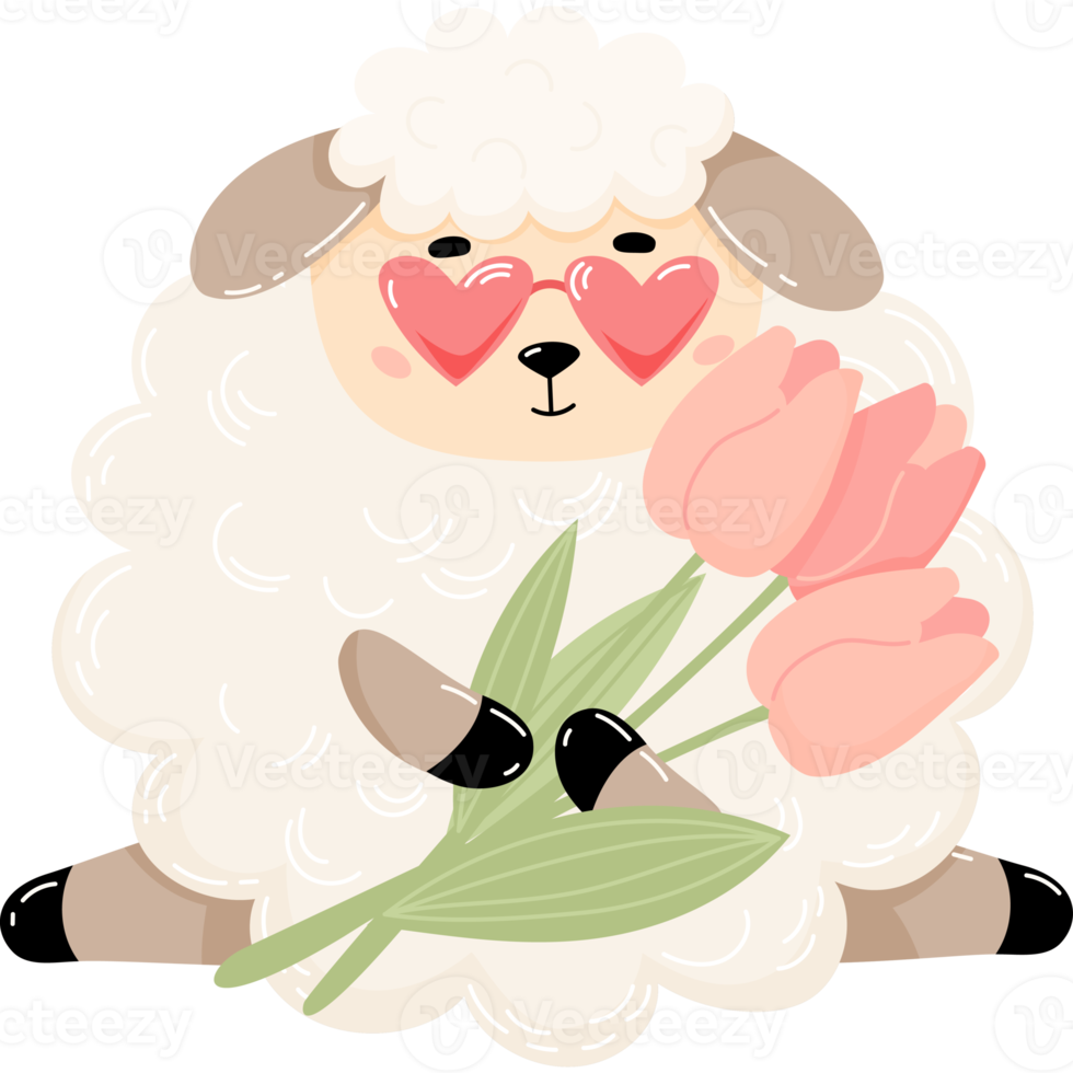 Sheep in love with bouquet of tulips png