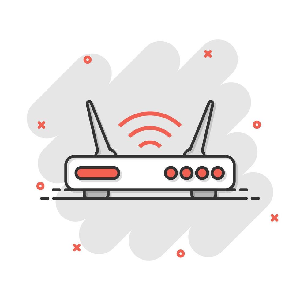 Wifi router icon in comic style. Broadband cartoon vector illustration on white isolated background. Internet connection splash effect business concept.