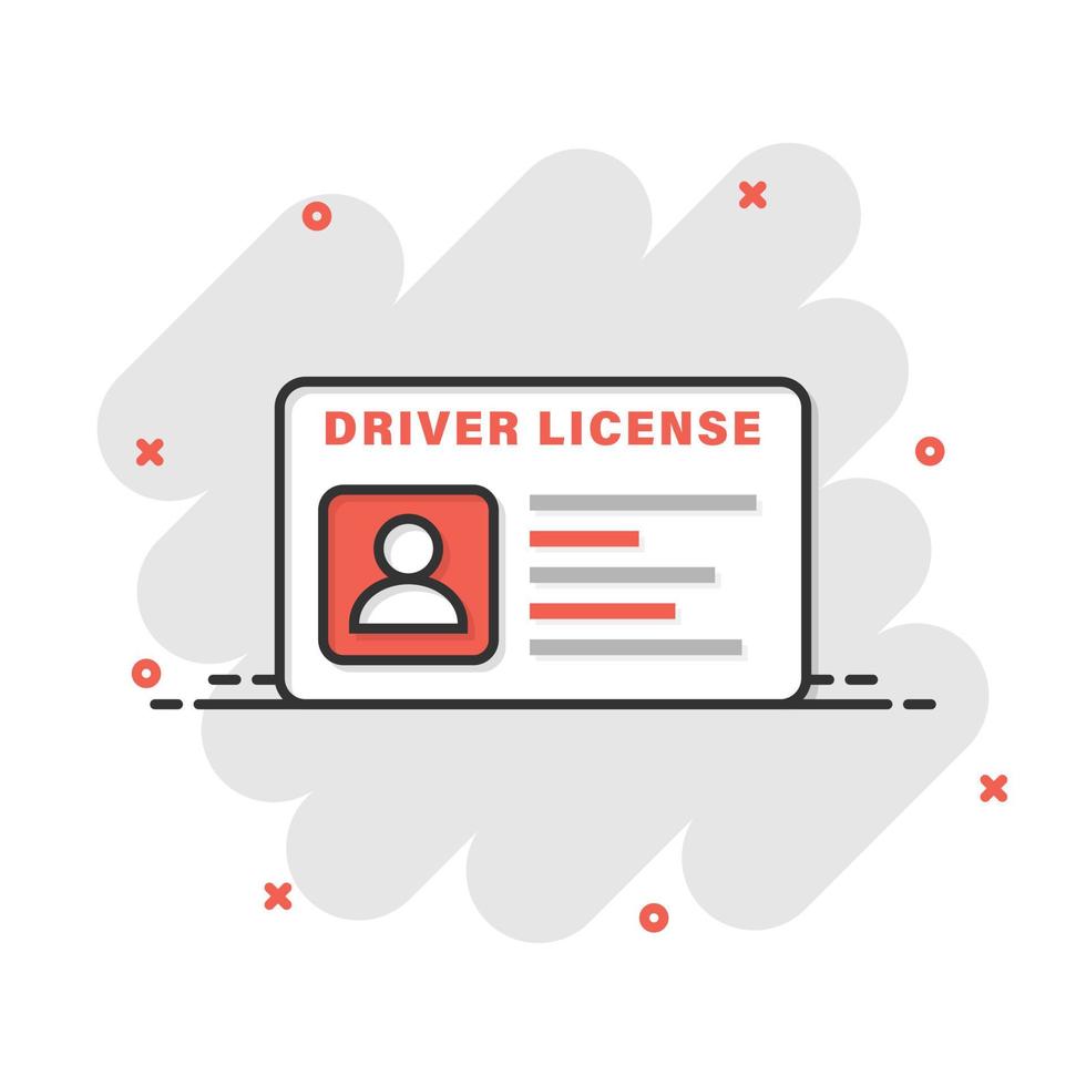Driver license icon in comic style. Id card cartoon vector illustration on white isolated background. Identity splash effect business concept.