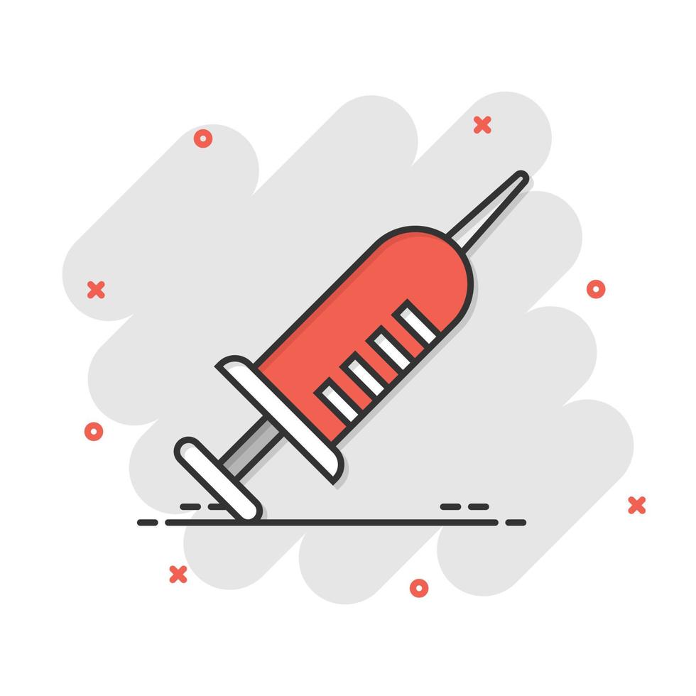 Syringe icon in comic style. Inject needle cartoon vector illustration on white isolated background. Drug dose splash effect business concept.