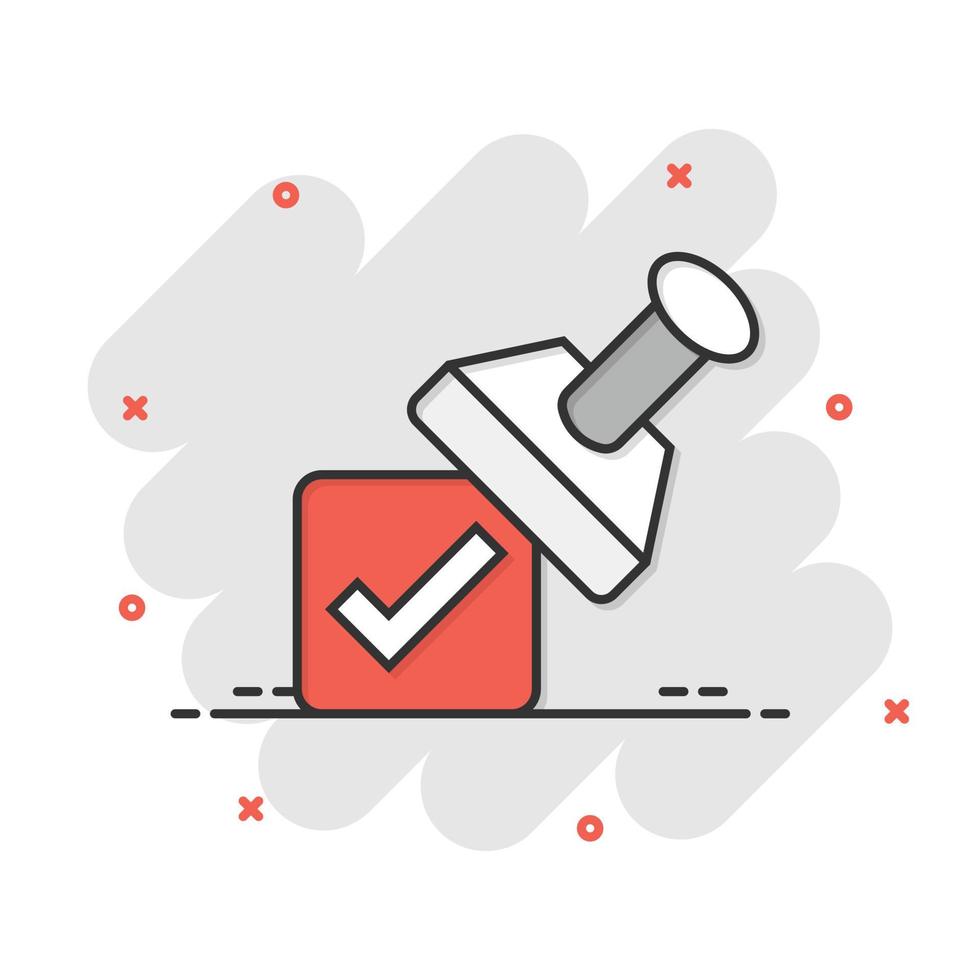 Approve stamp icon in comic style. Accept check mark cartoon vector illustration on white isolated background. Approval choice splash effect business concept.