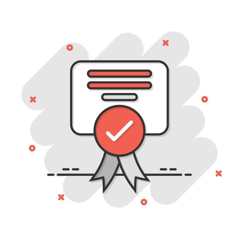 Approve certificate icon in comic style. Document check mark cartoon vector illustration on white isolated background. Approval choice splash effect business concept.