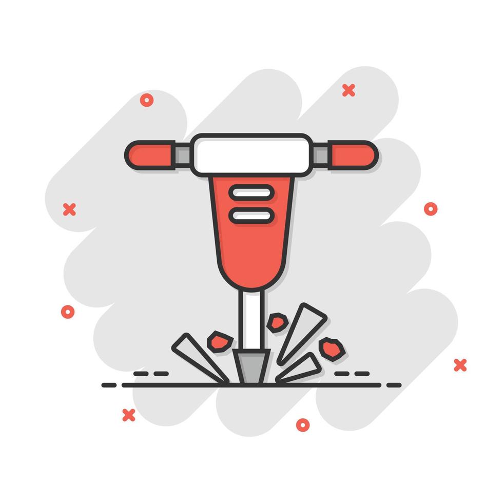 Jackhammer icon in comic style. Demolish package vector illustration on white isolated background. Destroy splash effect business concept.