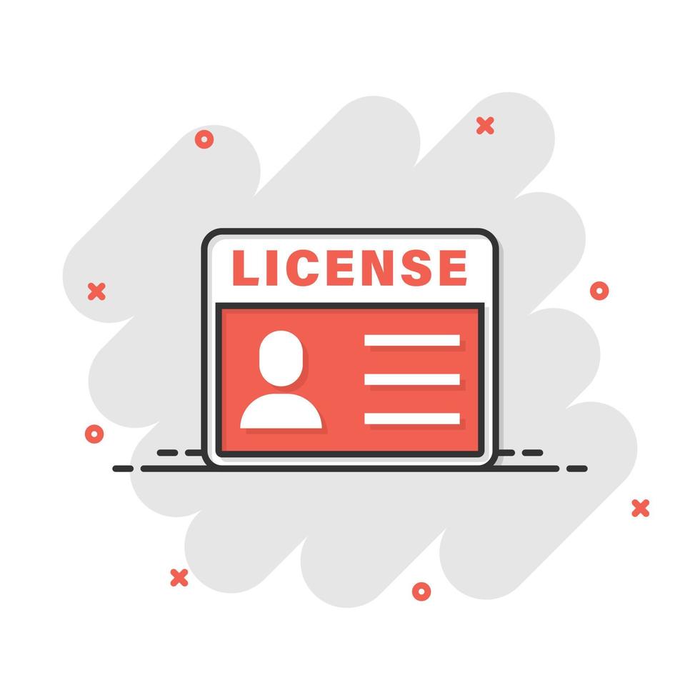 icono de licencia de conducir en estilo cómico. ilustración de vector de dibujos animados de tarjeta de identificación sobre fondo blanco aislado. concepto de negocio de efecto de salpicadura de identidad.