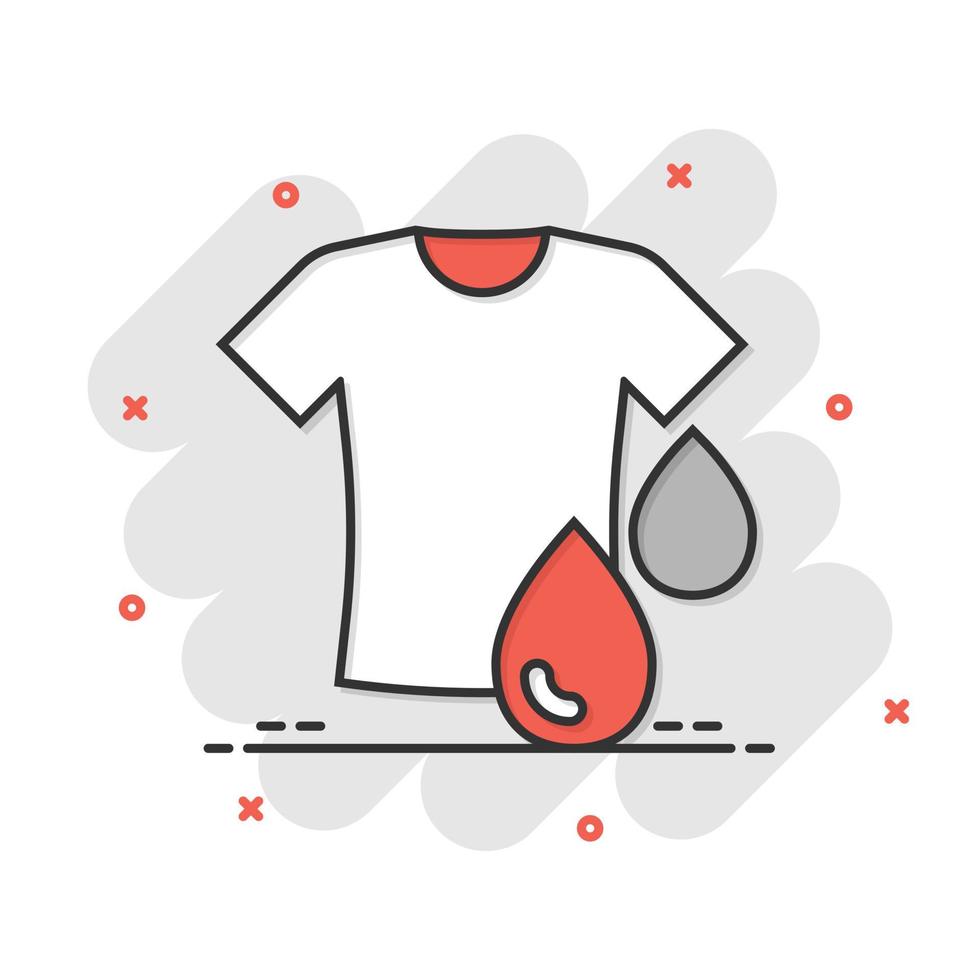 T-shirt washing icon in comic style. Clothes dry cartoon vector illustration on white isolated background. Shirt laundry splash effect business concept.