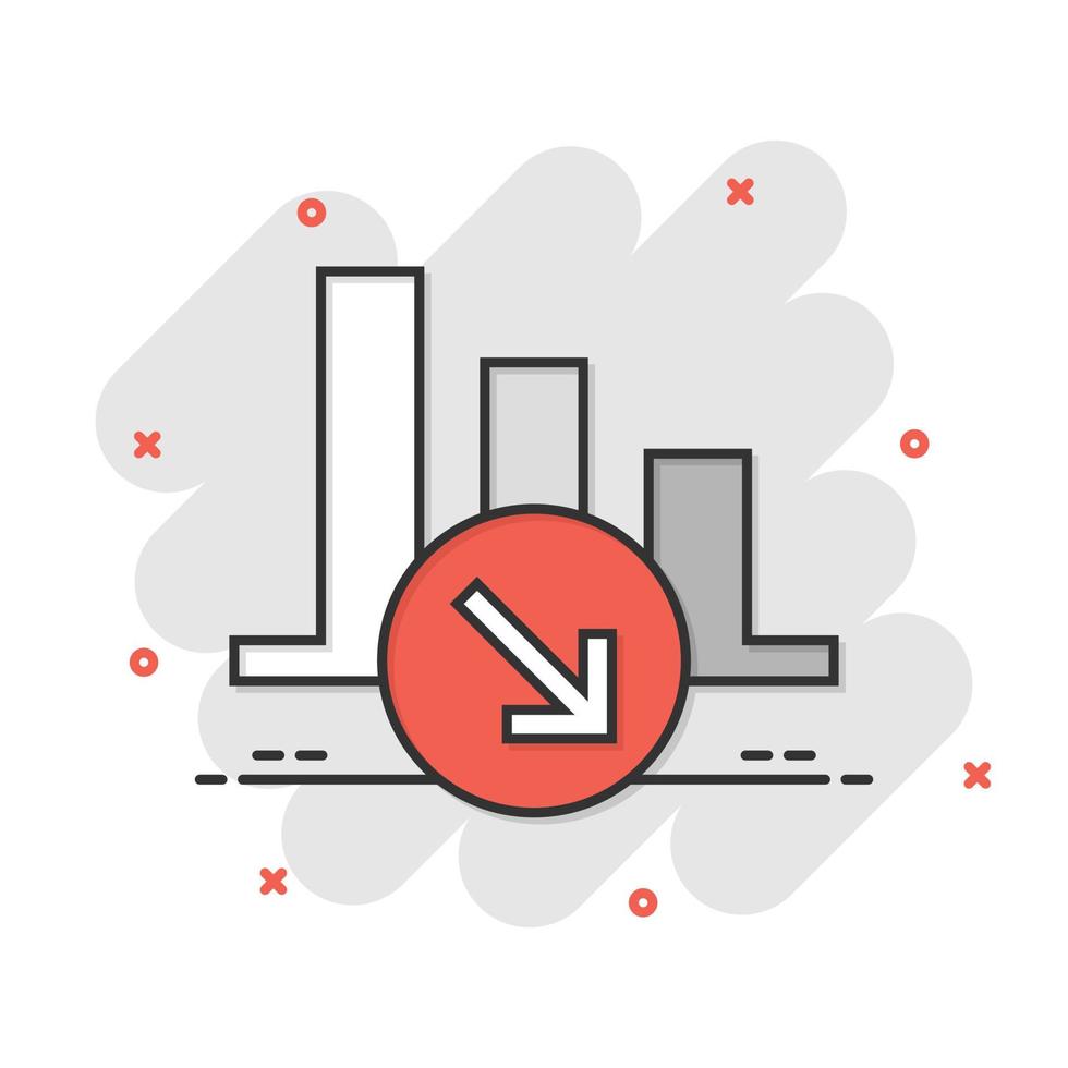 Market trend icon in comic style. Decline arrow with magnifier cartoon vector illustration on white isolated background. Decrease splash effect business concept.