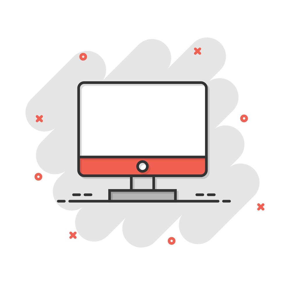 icono de monitor de computadora en estilo cómico. ilustración de vector de dibujos animados de pantalla de tv sobre fondo aislado. supervisar el concepto de negocio de efecto de salpicadura de pictograma.