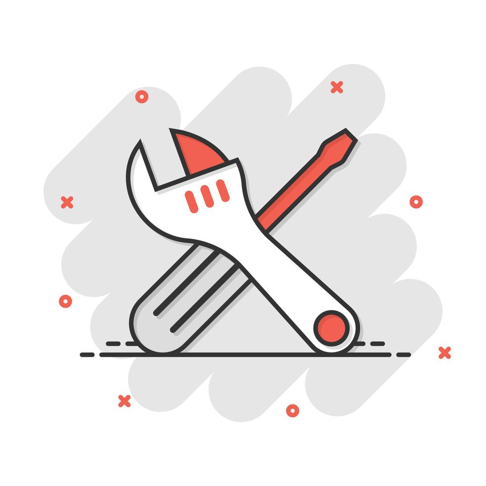 Wrench and screwdriver icon in comic style. Spanner key cartoon vector illustration on white isolated background. Repair equipment splash effect business concept.