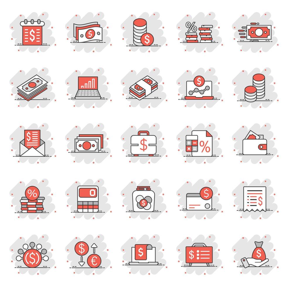 Money finance icon set in comic style. Payment cartoon vector illustration on white isolated background. Currency budget splash effect business concept.