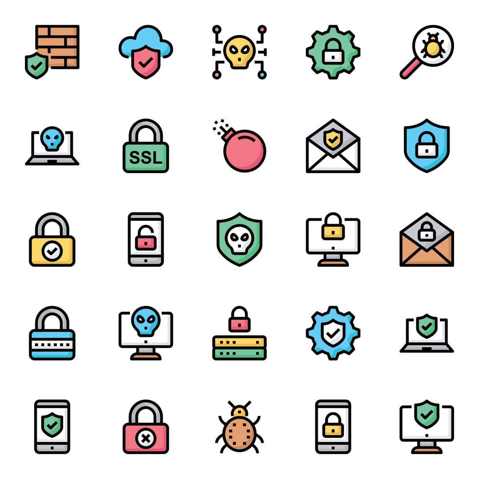 iconos de contorno rellenos para la seguridad de Internet. vector