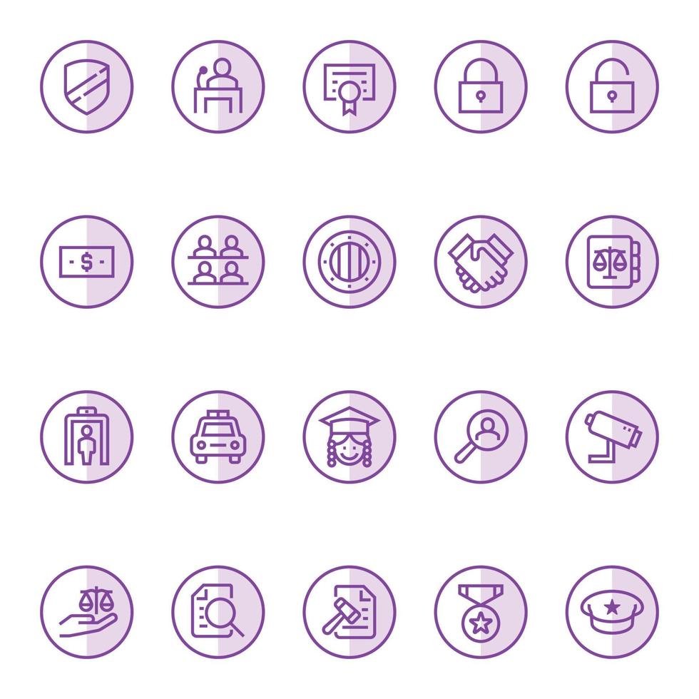 iconos de contorno de color púrpura para la ley y la justicia. vector