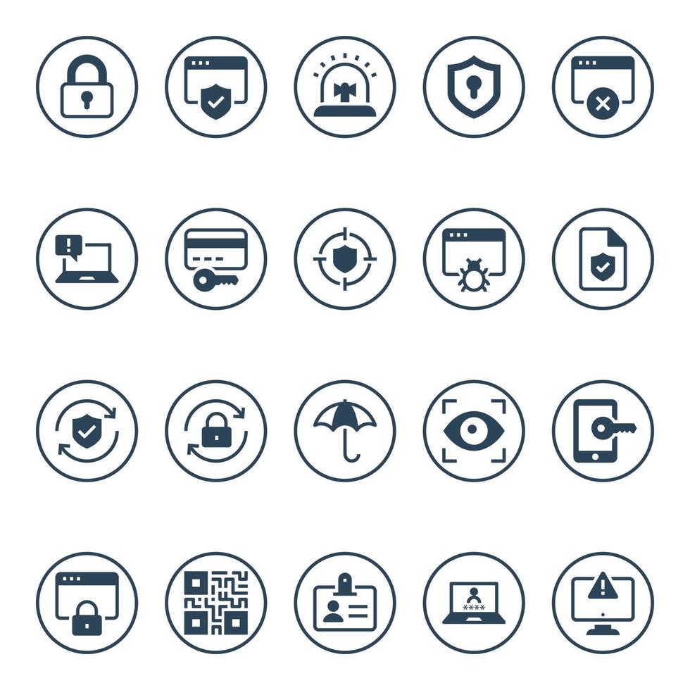 Circle glyph icons for internet security. vector