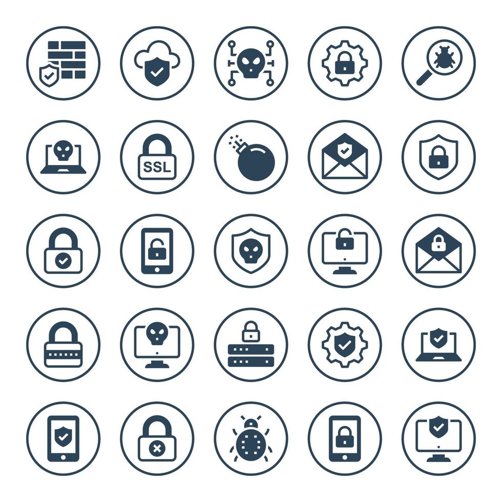 Circle glyph icons for internet security. vector