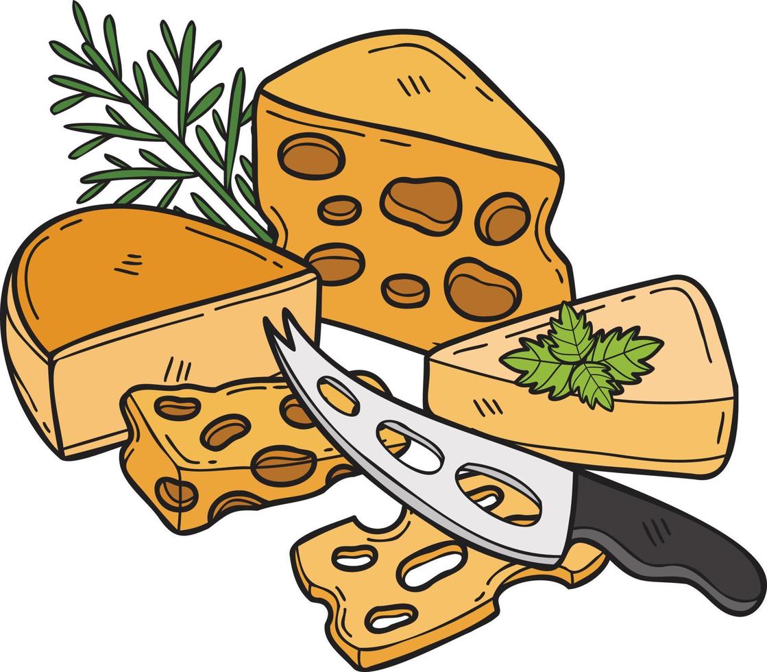 ilustración de cuchillo de queso y queso dibujado a mano en estilo garabato vector
