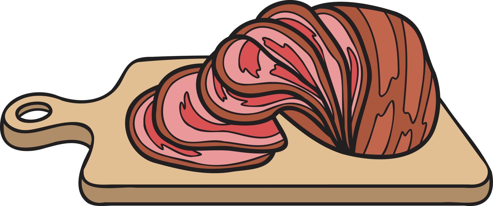 Hand Drawn sliced ham on a wooden chopping board illustration in doodle style vector